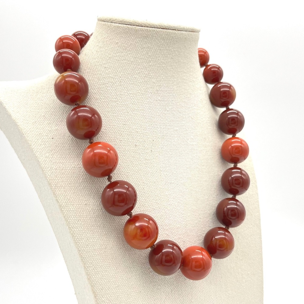 Vintage Chunky Resin Bead Necklace Burnt Orange Red Hand Knotted Toggle 20.5in